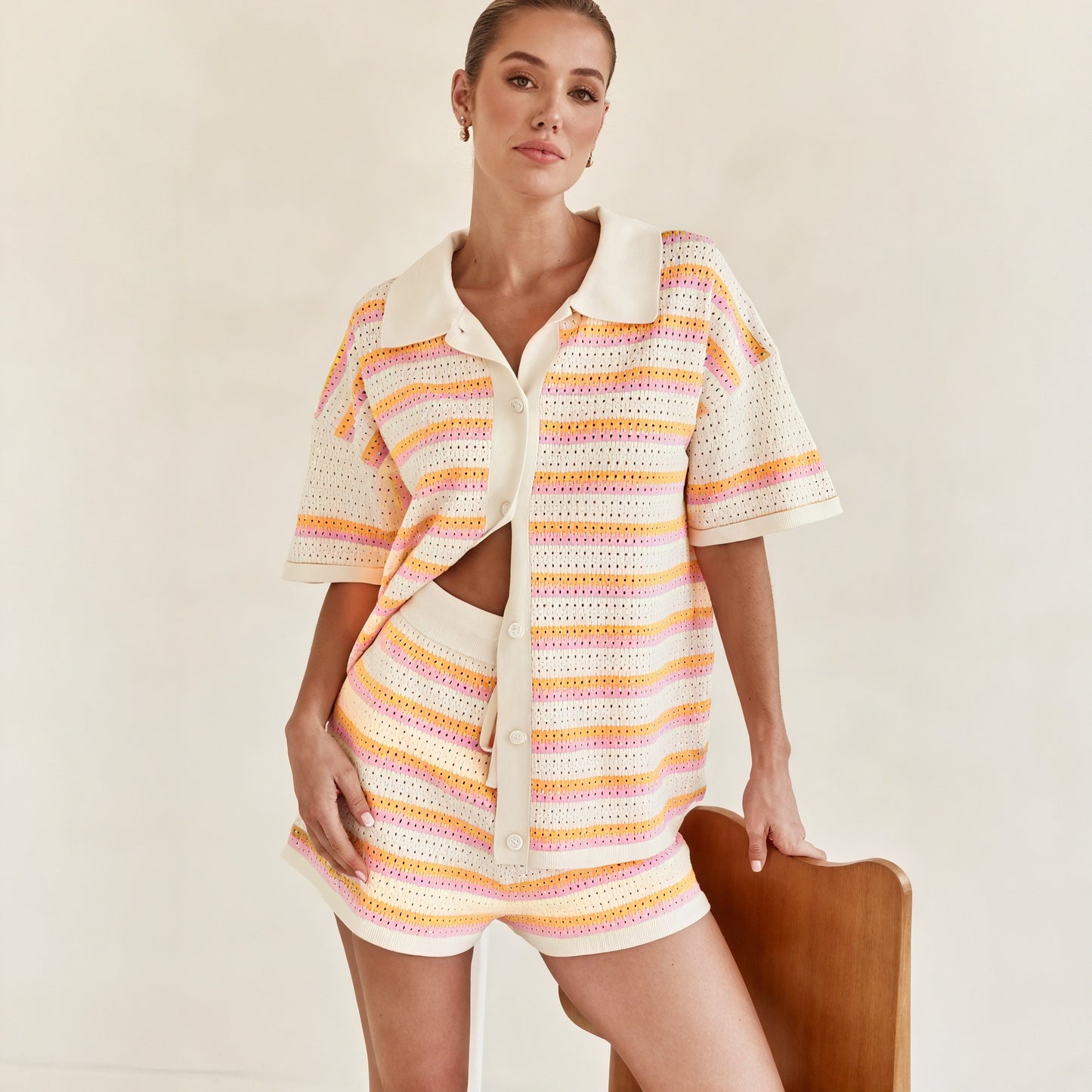 Women's Dress – Pastel Striped Knit Collared Button-Down, Short Puffed Sleeve, Casual Summer Style-77201-3068091c-5357-47db-93a8-5928766f329e