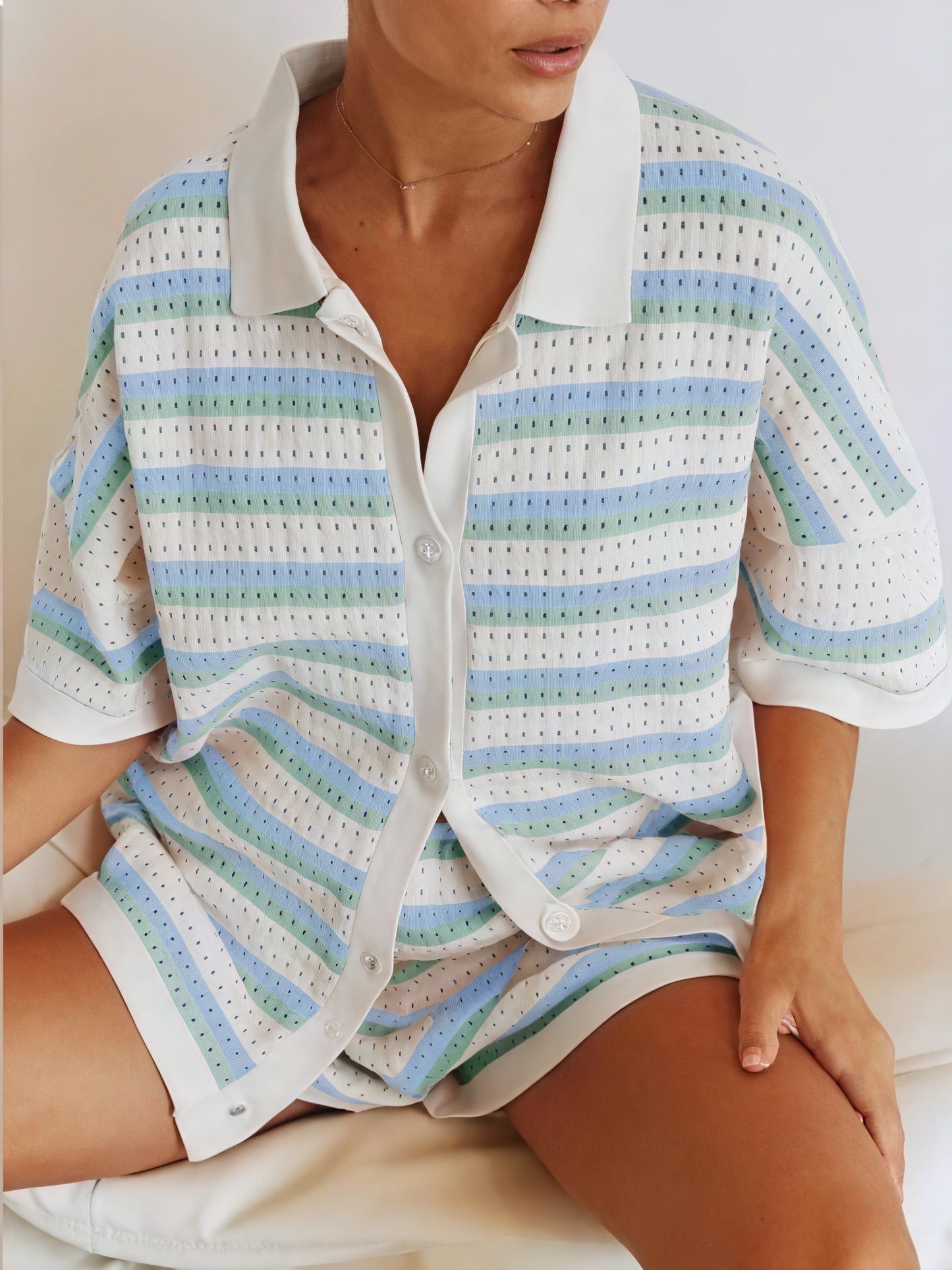 Women's Dress – Pastel Striped Knit Collared Button-Down, Short Puffed Sleeve, Casual Summer Style-77201-3c5d9776-30d0-4385-b044-6cca5d4e0124