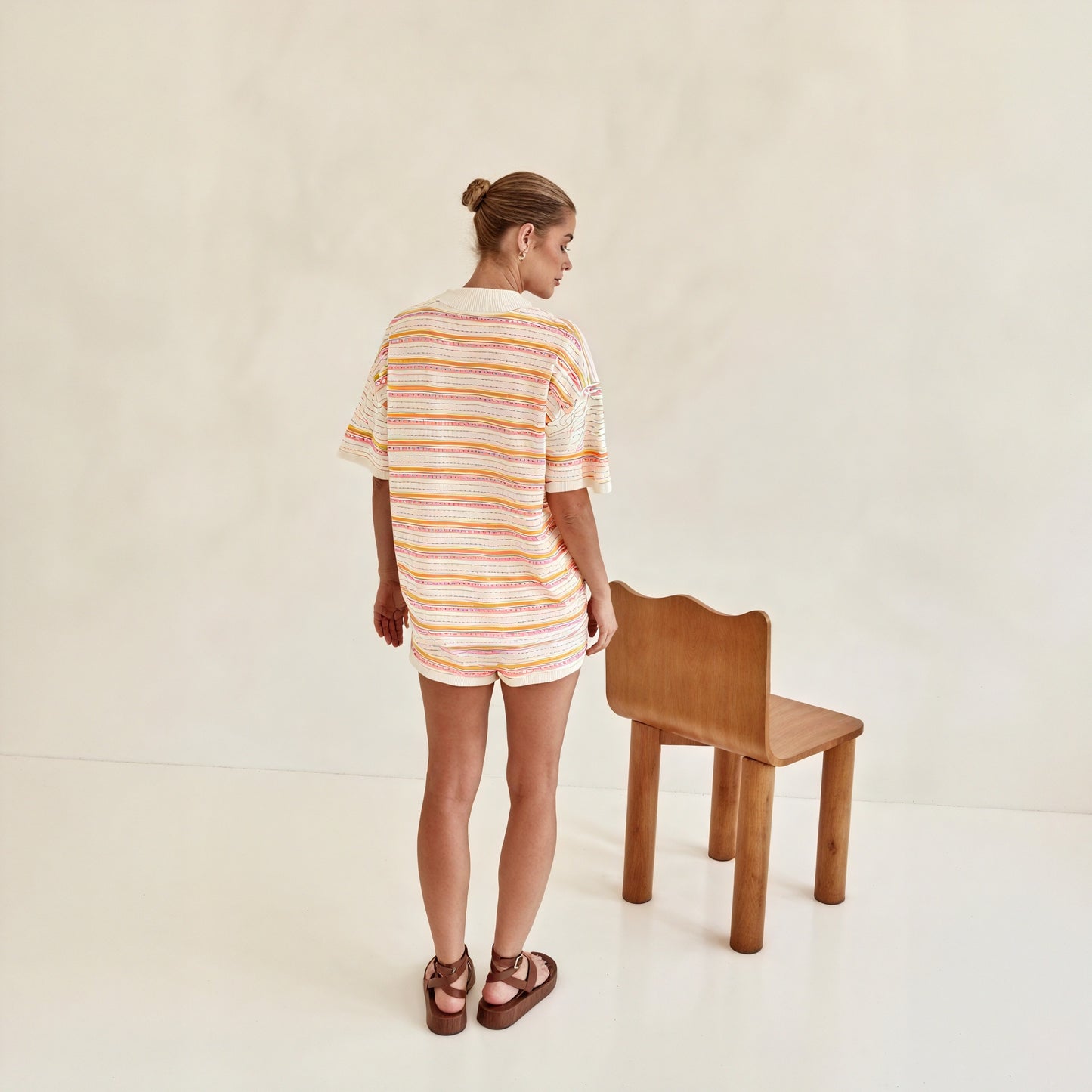 Women's Dress – Pastel Striped Knit Collared Button-Down, Short Puffed Sleeve, Casual Summer Style-77201-d7222430-b1aa-43cb-801a-244a70dff88c