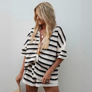 Women's Dress – Pastel Striped Knit Collared Button-Down, Short Puffed Sleeve, Casual Summer Style-77201-1adc7178-dac1-4787-984c-e2c884ea120d