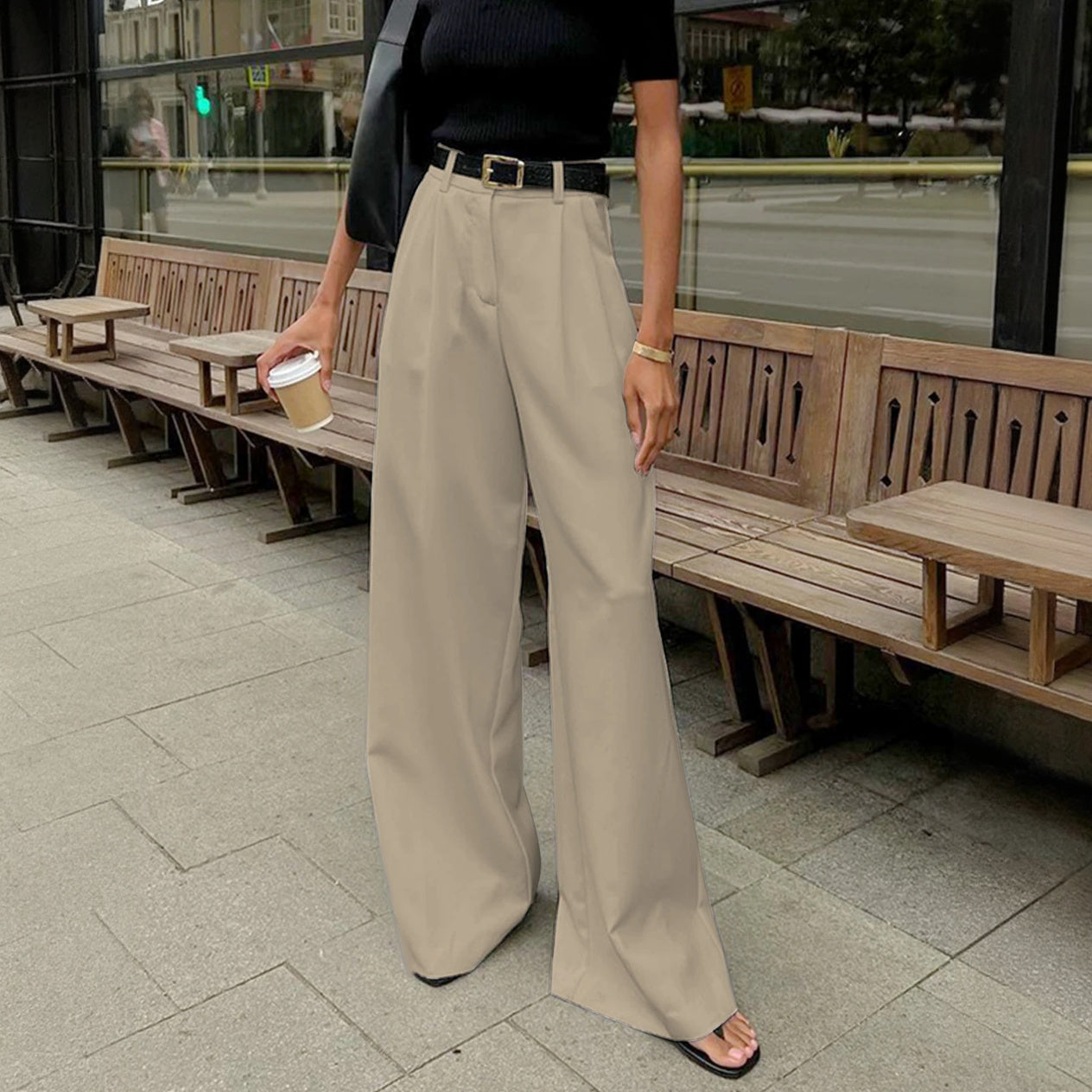 Women's High-Waisted Wide-Leg Trousers with Belt – Tailored Fit Polyester Cotton Black White Beige-77202-c46356eb-9651-468a-8d1b-e5eab3f7afca