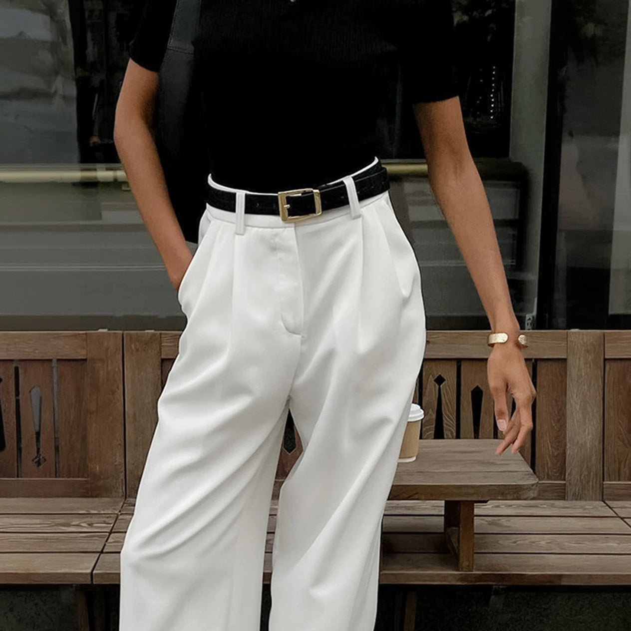 Women's High-Waisted Wide-Leg Trousers with Belt – Tailored Fit Polyester Cotton Black White Beige-77202-0d98bb88-85a1-4cb2-b8ee-f57df80dcca5