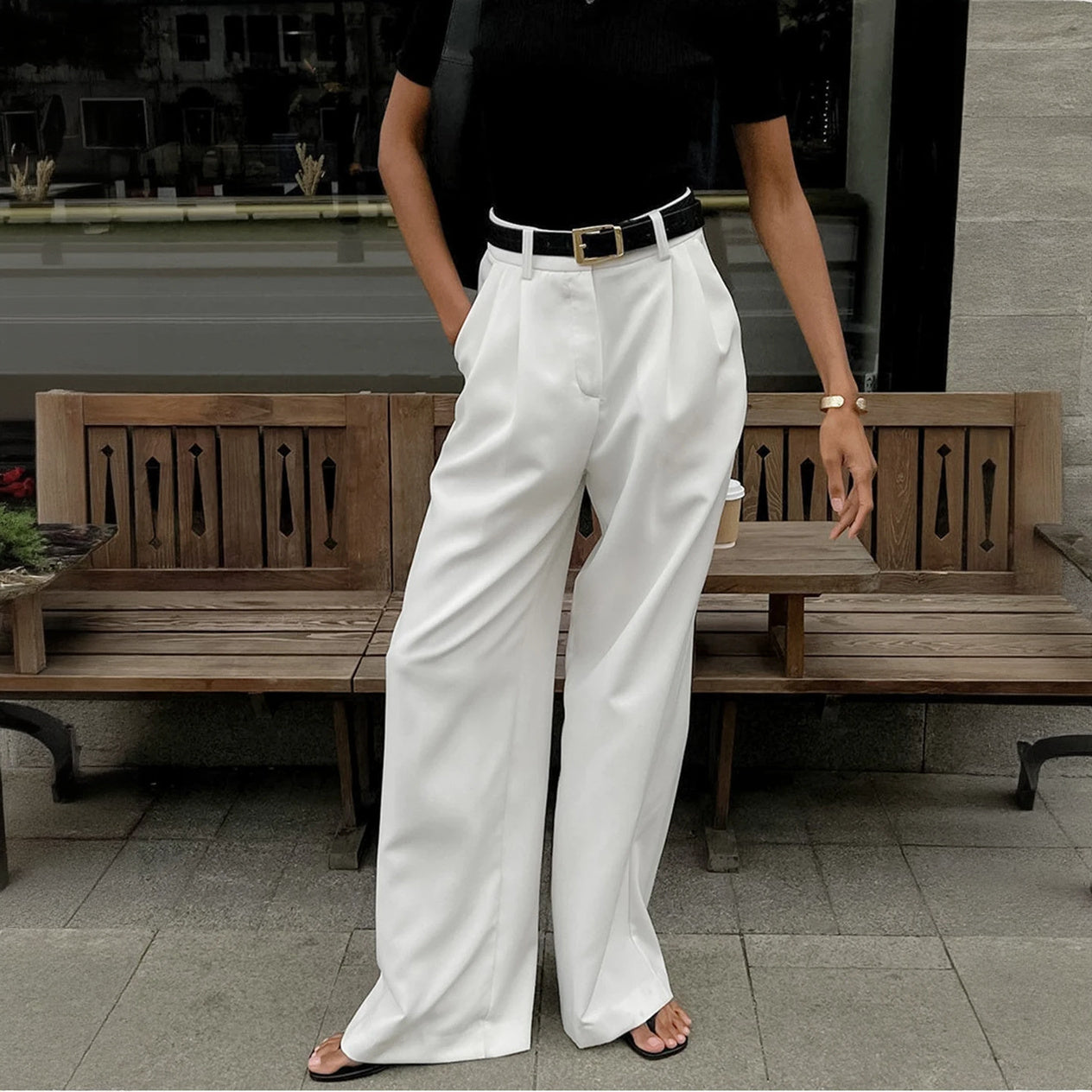 Women's High-Waisted Wide-Leg Trousers with Belt – Tailored Fit Polyester Cotton Black White Beige-77202-86cd9c64-9ac3-4649-a63f-d8e6252ab4b8
