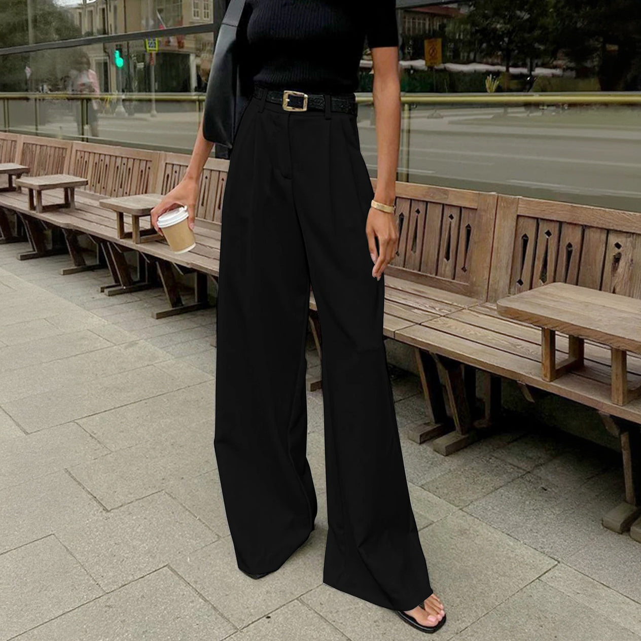 Women's High-Waisted Wide-Leg Trousers with Belt – Tailored Fit Polyester Cotton Black White Beige-77202-cf97dfe3-cfd0-43dd-a829-0b061ac320f5