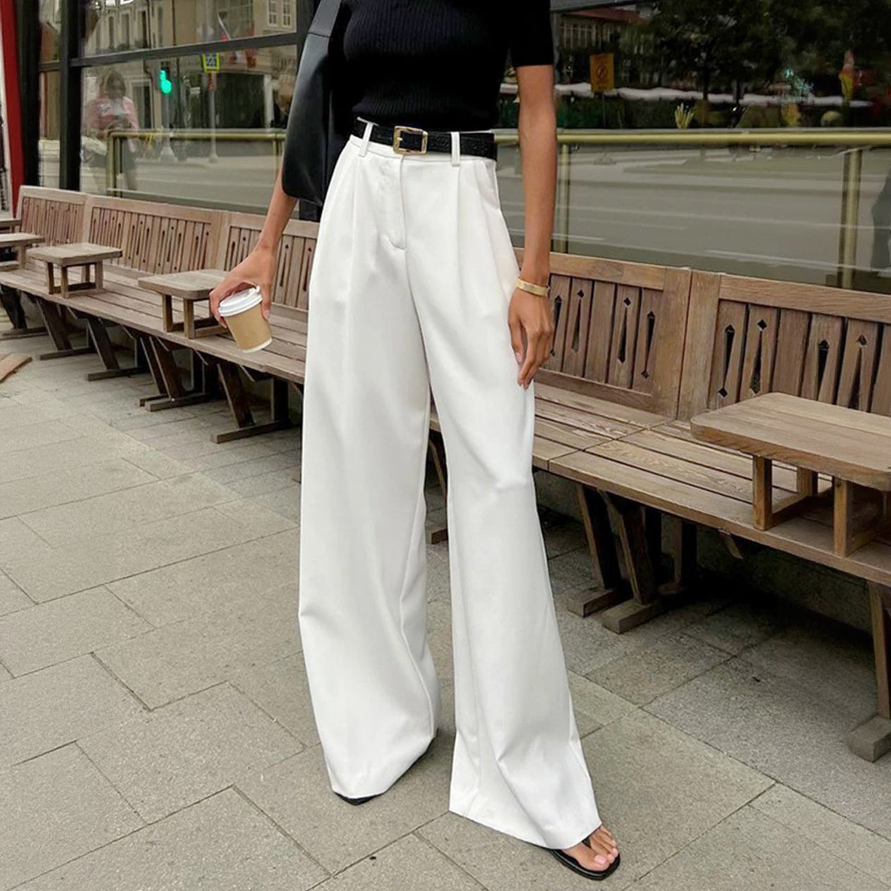 Women's High-Waisted Wide-Leg Trousers with Belt – Tailored Fit Polyester Cotton Black White Beige-77202-bdf08015-fbaf-401c-ba80-17f62475e40e