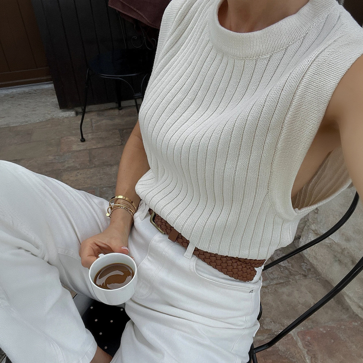 Women's Ribbed Knit Sleeveless Top – High Neck, Cropped, Cotton Blend, Black/Cream-77206-96dd39c0-ac9d-4c71-a170-bf006c7f9520