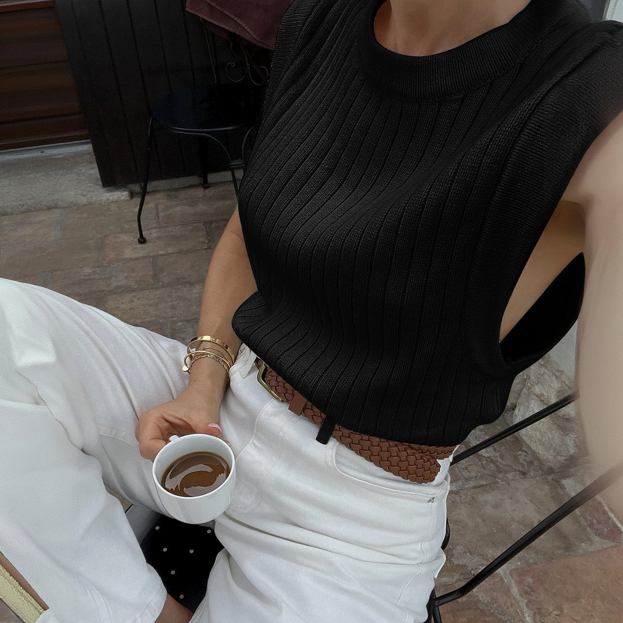 Women's Ribbed Knit Sleeveless Top – High Neck, Cropped, Cotton Blend, Black/Cream-77206-153918f2-34d1-4d6c-a7f6-2e3f3009bc21