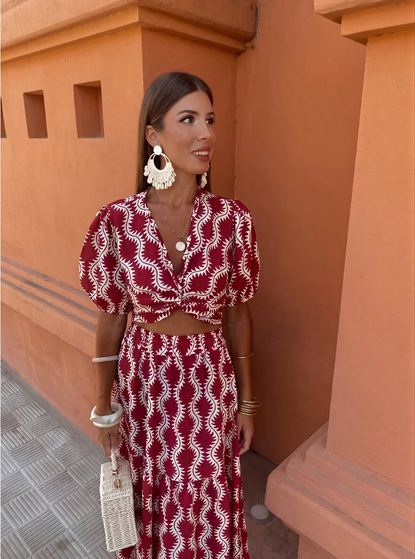 Women's Two-Piece Set – Burgundy White Patterned Cropped Top, Puffed Sleeves & Maxi Skirt, Bohemian Chic-77207-204bb8a1-711d-4512-a683-6f8fc26da29e