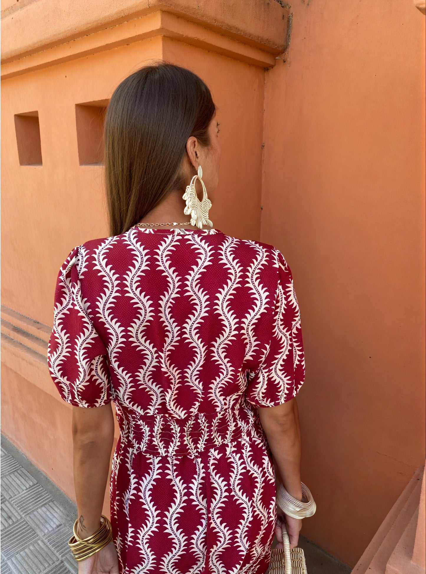 Women's Two-Piece Set – Burgundy White Patterned Cropped Top, Puffed Sleeves & Maxi Skirt, Bohemian Chic-77207-ce825970-8280-44d2-974c-f3a495e477e0