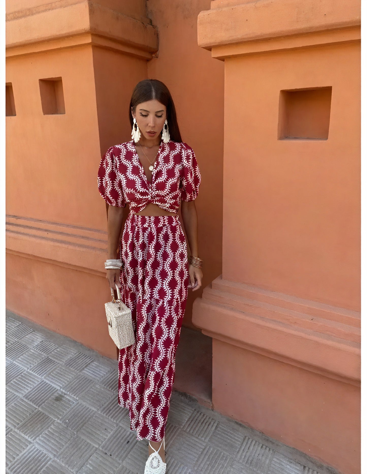 Women's Two-Piece Set – Burgundy White Patterned Cropped Top, Puffed Sleeves & Maxi Skirt, Bohemian Chic-77207-fd69cf5a-233b-482c-9a88-6b3543ff7638