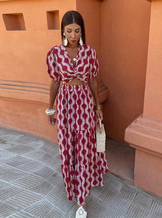 Women's Two-Piece Set – Burgundy White Patterned Cropped Top, Puffed Sleeves & Maxi Skirt, Bohemian Chic-77207-d6e86d6d-ee84-4767-8951-94156f45f70e