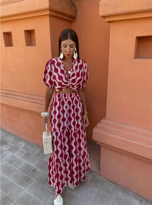 Women's Two-Piece Set – Burgundy White Patterned Cropped Top, Puffed Sleeves & Maxi Skirt, Bohemian Chic-77207-7a6f9598-c5ed-41b6-8b06-55c54e200c79