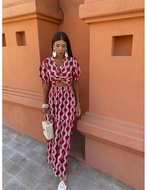 Women's Two-Piece Set – Burgundy White Patterned Cropped Top, Puffed Sleeves & Maxi Skirt, Bohemian Chic-77207-ebccbf6d-3837-42bc-8c45-6f82c24956e7