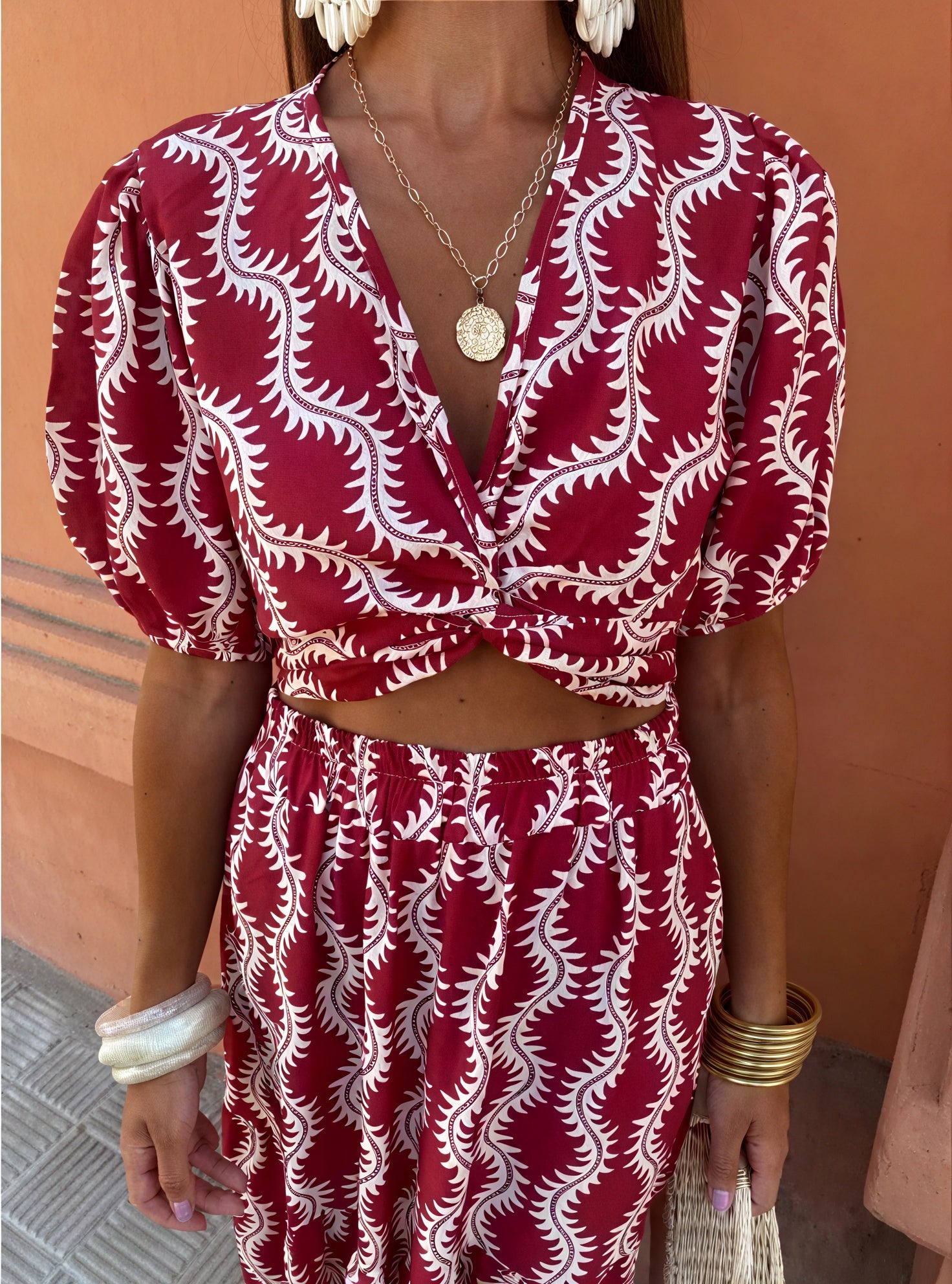Women's Two-Piece Set – Burgundy White Patterned Cropped Top, Puffed Sleeves & Maxi Skirt, Bohemian Chic-77207-90a8ac4f-3bde-4eed-8a1d-a6cd150cee93