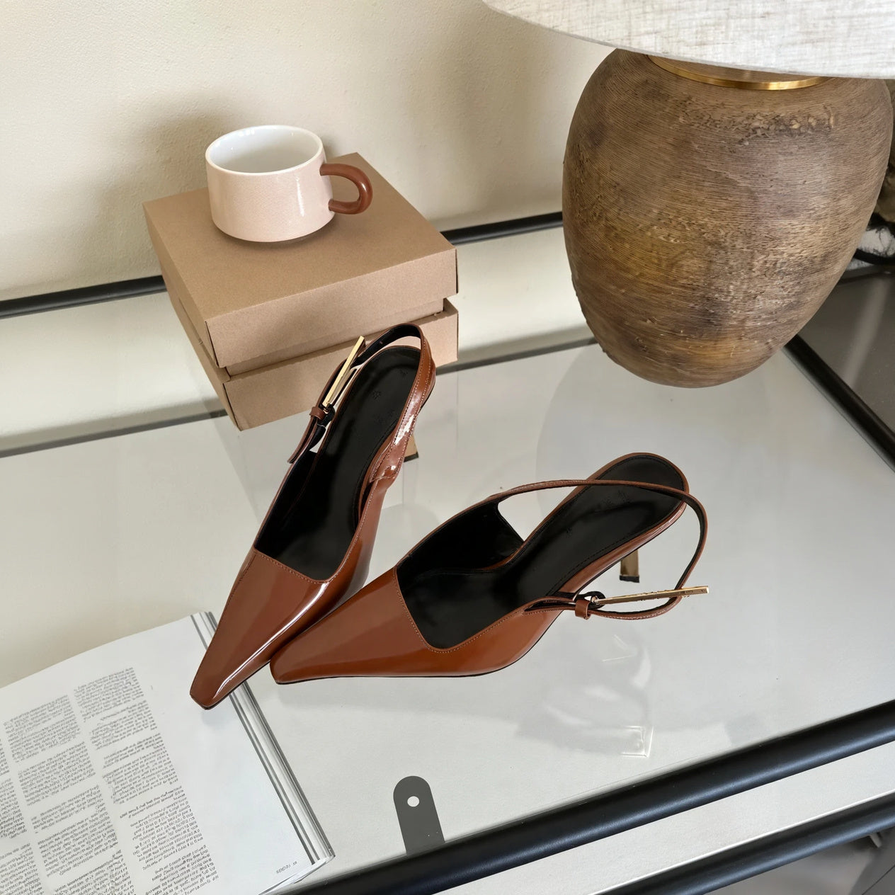 Women's Pointed Toe Slingback High Heels – Patent Leather, Gold Hardware-77211-b130235d-0ed2-4455-a16c-77cf62cb9392