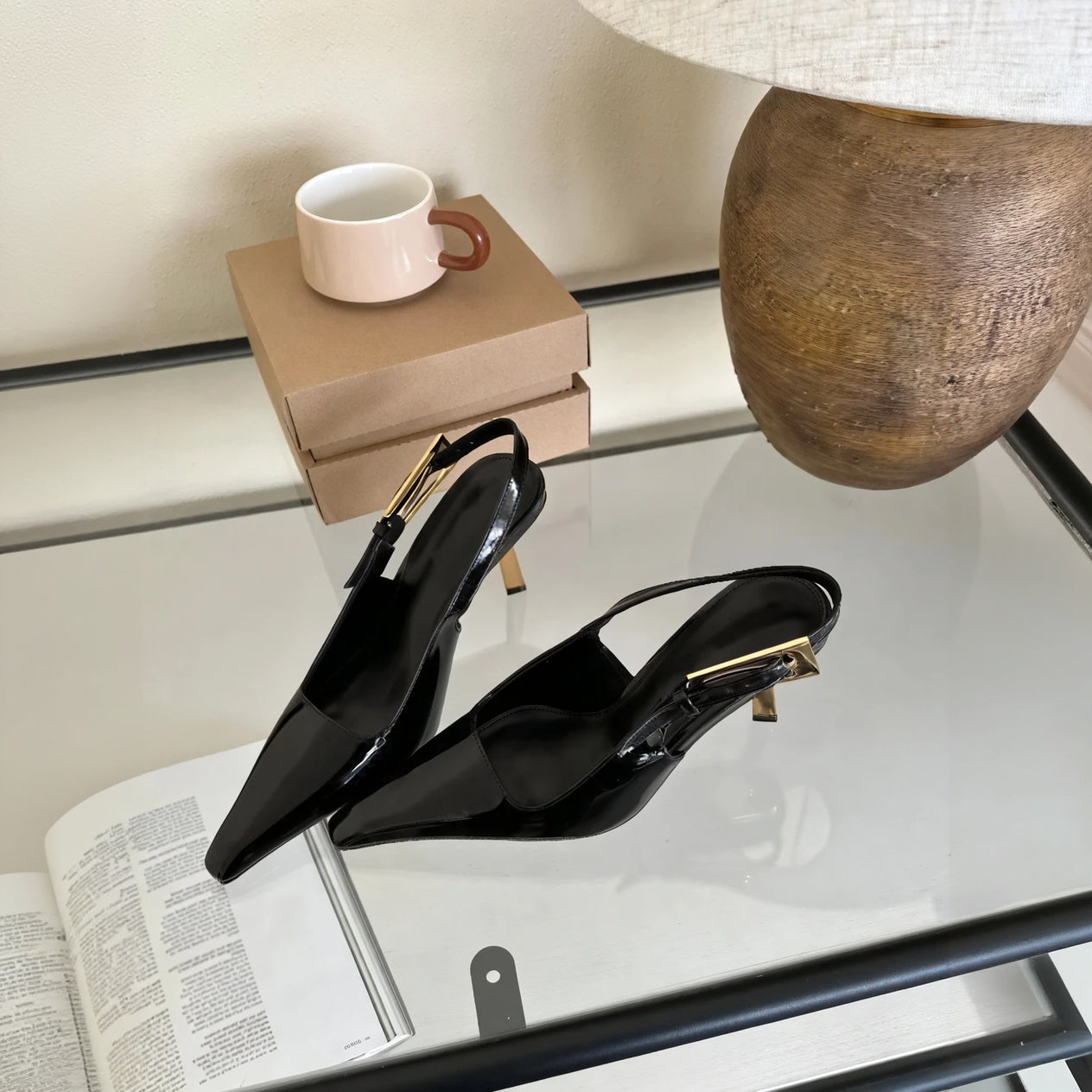 Women's Pointed Toe Slingback High Heels – Patent Leather, Gold Hardware-77211-8d05b2b7-6602-47d3-bd26-ae141b65e3fb