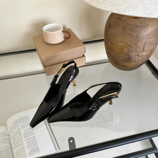 Women's Pointed Toe Slingback High Heels – Patent Leather, Gold Hardware-77211-8d05b2b7-6602-47d3-bd26-ae141b65e3fb