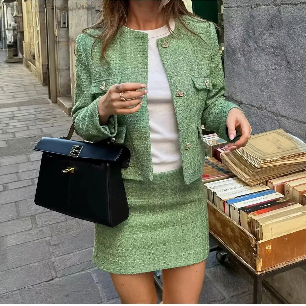 Women's Green Textured Suit Set – Cropped Jacket, Fitted Skirt, Gold Buttons, Cotton Blend-77213-5aa7bafd-5b78-4bc5-a3c2-f8944558a67f