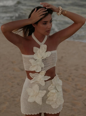 Women's Crochet Mini Dress – Off-White, Floral Appliqués, Bandeau Top, Bohemian-77216-8d583fe3-03f0-4956-8239-9a3066185d09