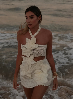 Women's Crochet Mini Dress – Off-White, Floral Appliqués, Bandeau Top, Bohemian-77216-fe7cc45e-7819-4ebb-aa25-712f44fa650f