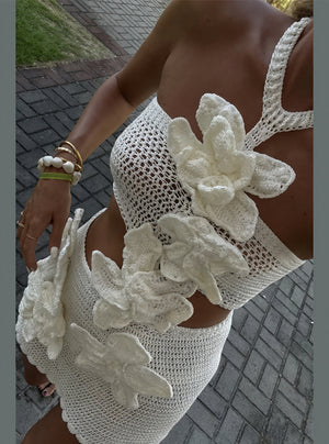 Women's Crochet Mini Dress – Off-White, Floral Appliqués, Bandeau Top, Bohemian-77216-f04a8256-40b6-4de2-ba26-19dff74959c6