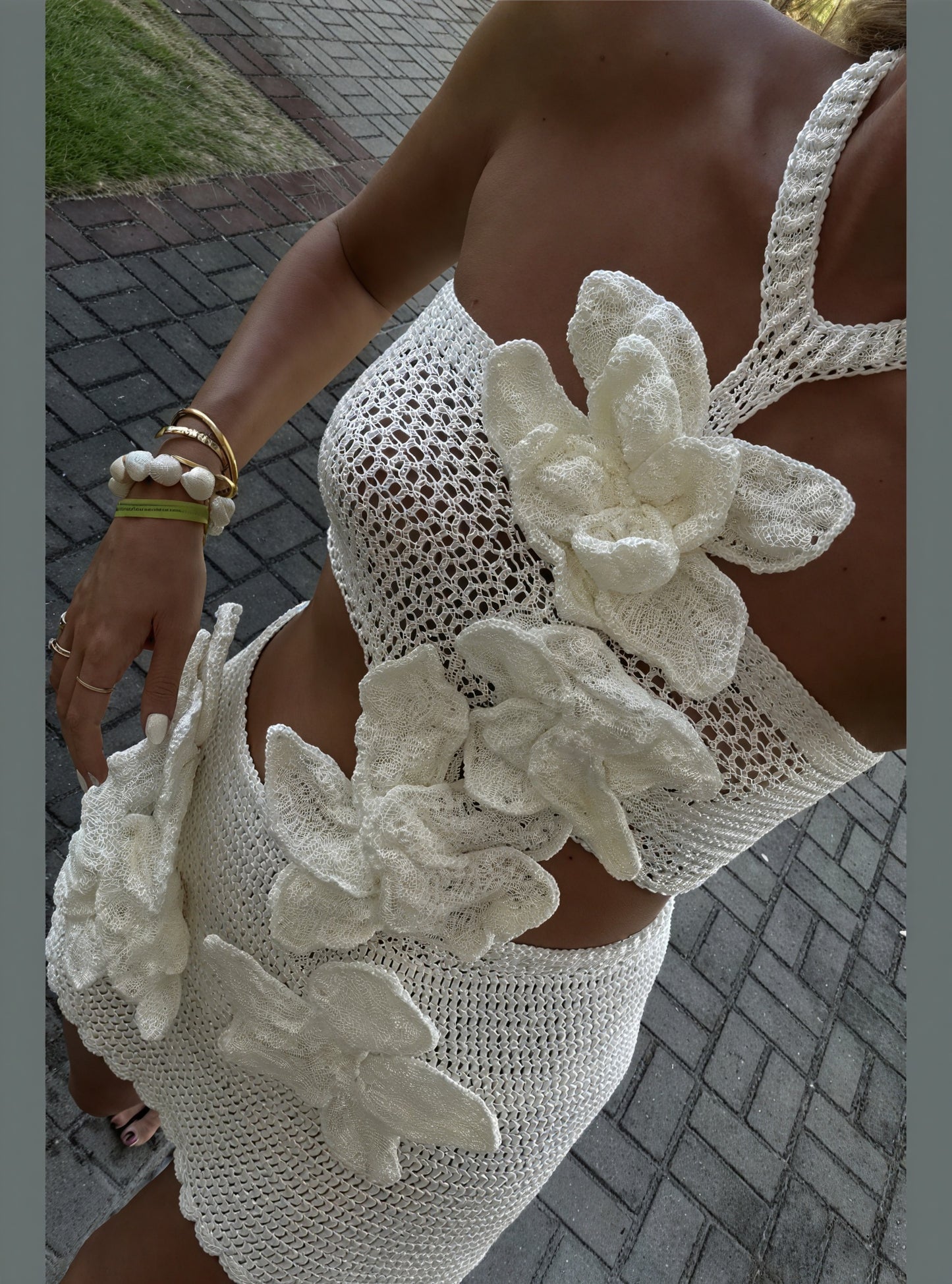 Women's Crochet Mini Dress – Off-White, Floral Appliqués, Bandeau Top, Bohemian-77216-f04a8256-40b6-4de2-ba26-19dff74959c6