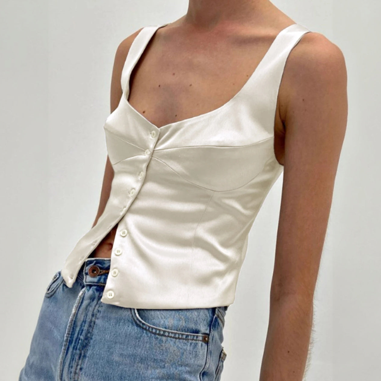 Women's Beige Cotton Polyester Top – Square Neck, Button-Down, Fitted-77223-08cd8c44-e91b-4287-a129-2bd7c5847d3e