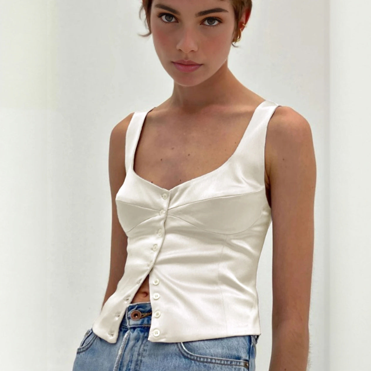 Women's Beige Cotton Polyester Top – Square Neck, Button-Down, Fitted-77223-d05663ec-6ca1-4ab7-9400-f07432e9af02