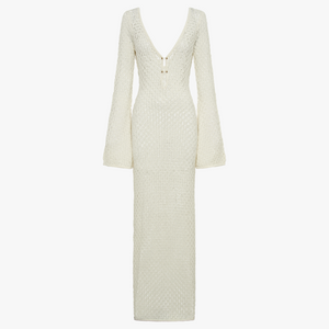 Women's Maxi Dress – Creamy White Open Weave V-Neck Long Sleeve Lightweight-77229-2b291abc-8937-405a-9c96-a856dbc776f1