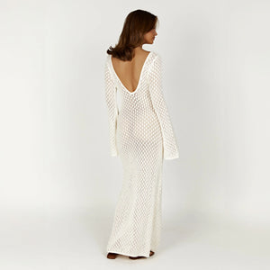 Women's Maxi Dress – Creamy White Open Weave V-Neck Long Sleeve Lightweight-77229-937cf1b4-3149-4e39-809f-cc78c4d28a37