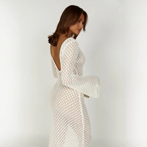 Women's Maxi Dress – Creamy White Open Weave V-Neck Long Sleeve Lightweight-77229-b0eeb6f3-9022-4c07-a729-1aa2da3799e7