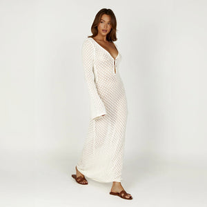 Women's Maxi Dress – Creamy White Open Weave V-Neck Long Sleeve Lightweight-77229-7335c85f-cddf-4042-98b4-ba282861a55a