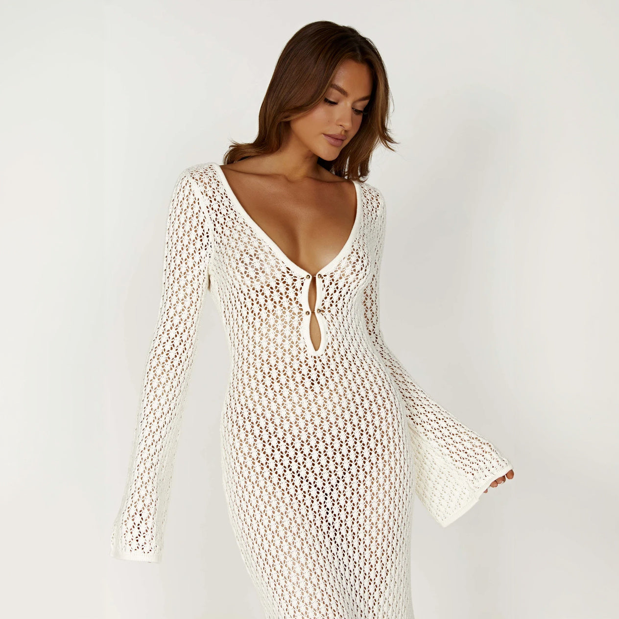 Women's Maxi Dress – Creamy White Open Weave V-Neck Long Sleeve Lightweight-77229-91bf52f6-0968-40b3-9834-813cee2fa21b