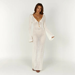 Women's Maxi Dress – Creamy White Open Weave V-Neck Long Sleeve Lightweight-77229-7e2a8922-88aa-4aab-a989-c11a2e8be7d9