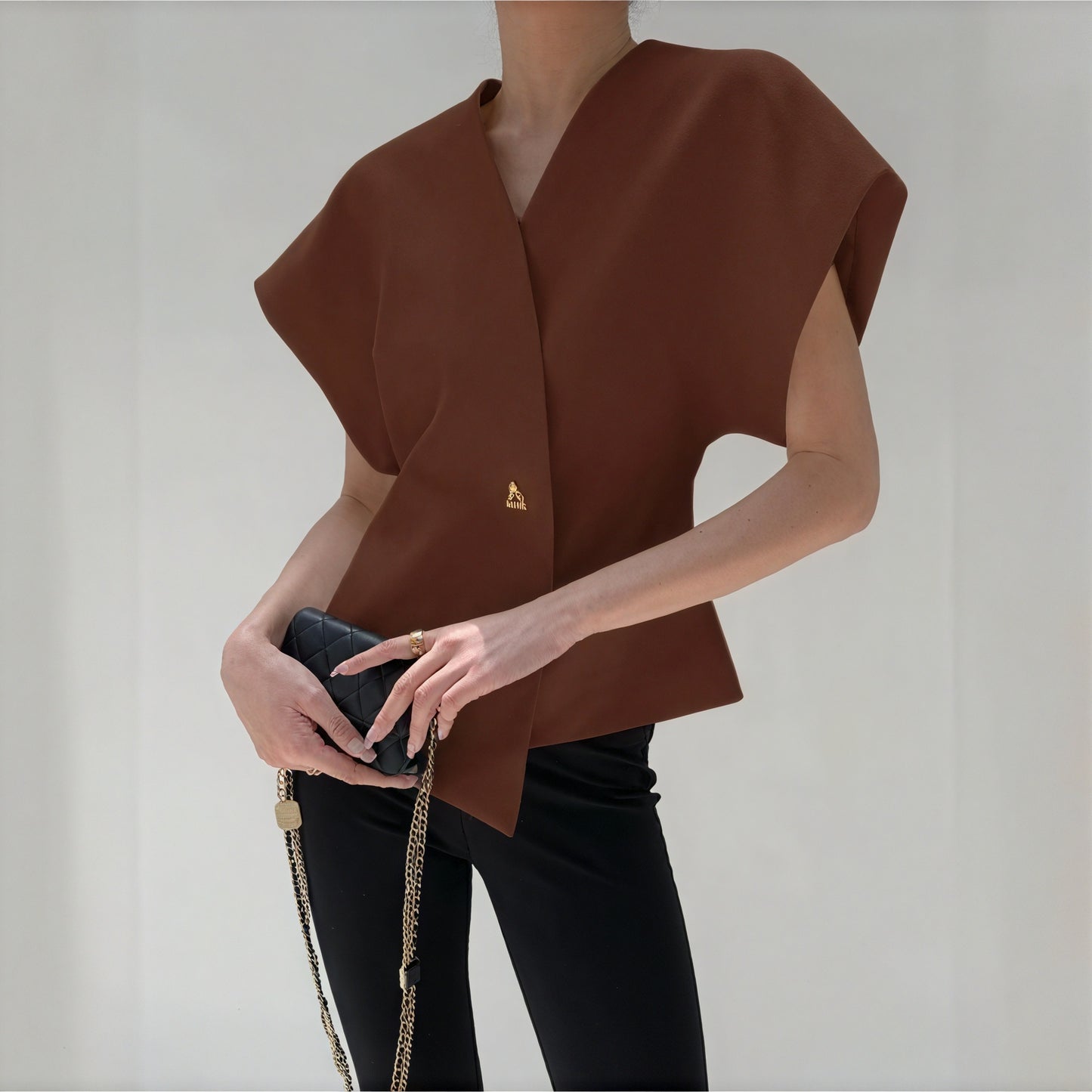 Women's Wrap Top – Gold Clasp, Wide Structured Sleeves, Textured Fabric, Neutral-77230-bc0354b7-8894-4383-9a41-4a8e819a2d61