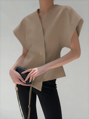 Women's Wrap Top – Gold Clasp, Wide Structured Sleeves, Textured Fabric, Neutral-77230-2319641b-5726-436a-935d-c90a29b5bc12