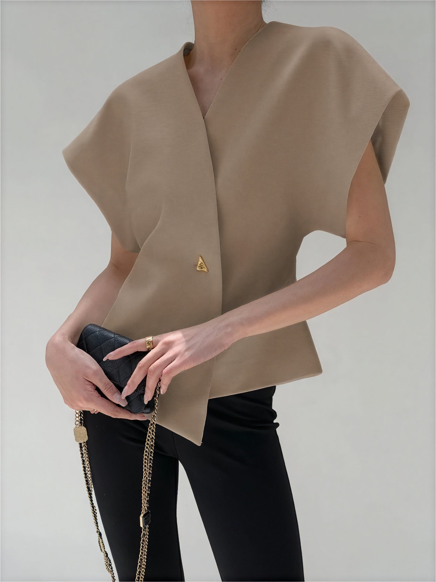 Women's Wrap Top – Gold Clasp, Wide Structured Sleeves, Textured Fabric, Neutral-77230-2319641b-5726-436a-935d-c90a29b5bc12