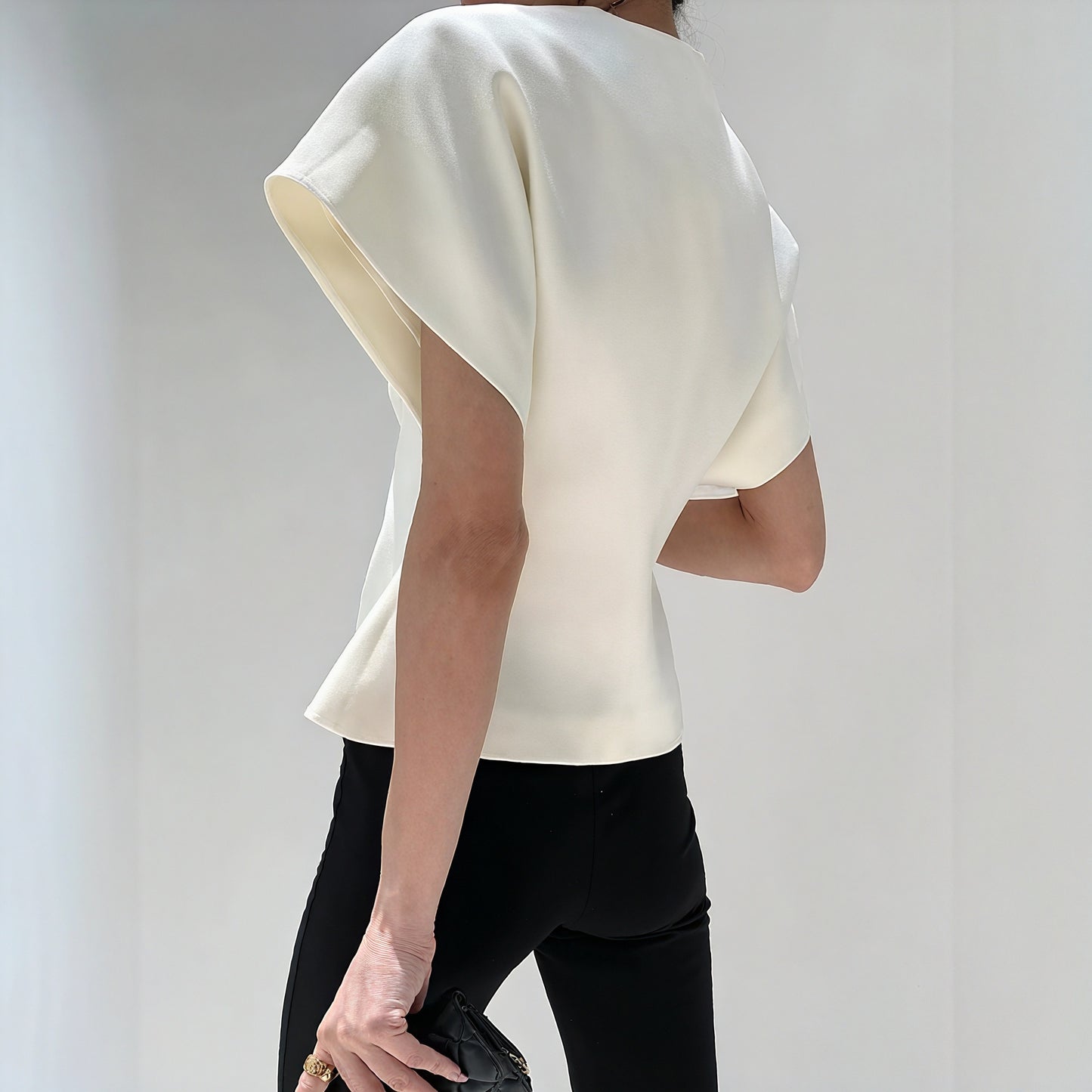 Women's Wrap Top – Gold Clasp, Wide Structured Sleeves, Textured Fabric, Neutral-77230-c4b4c3c9-1397-440c-8f3d-3eef610947a0