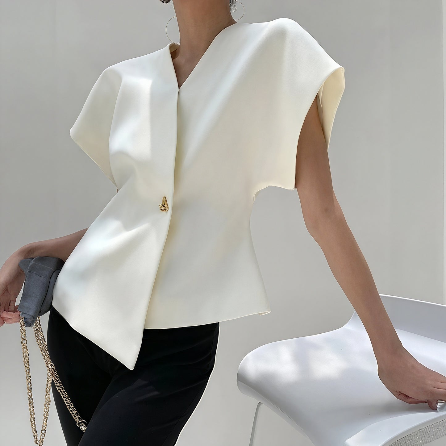 Women's Wrap Top – Gold Clasp, Wide Structured Sleeves, Textured Fabric, Neutral-77230-1780a80b-6b9c-44b7-81e3-0797d7d42625