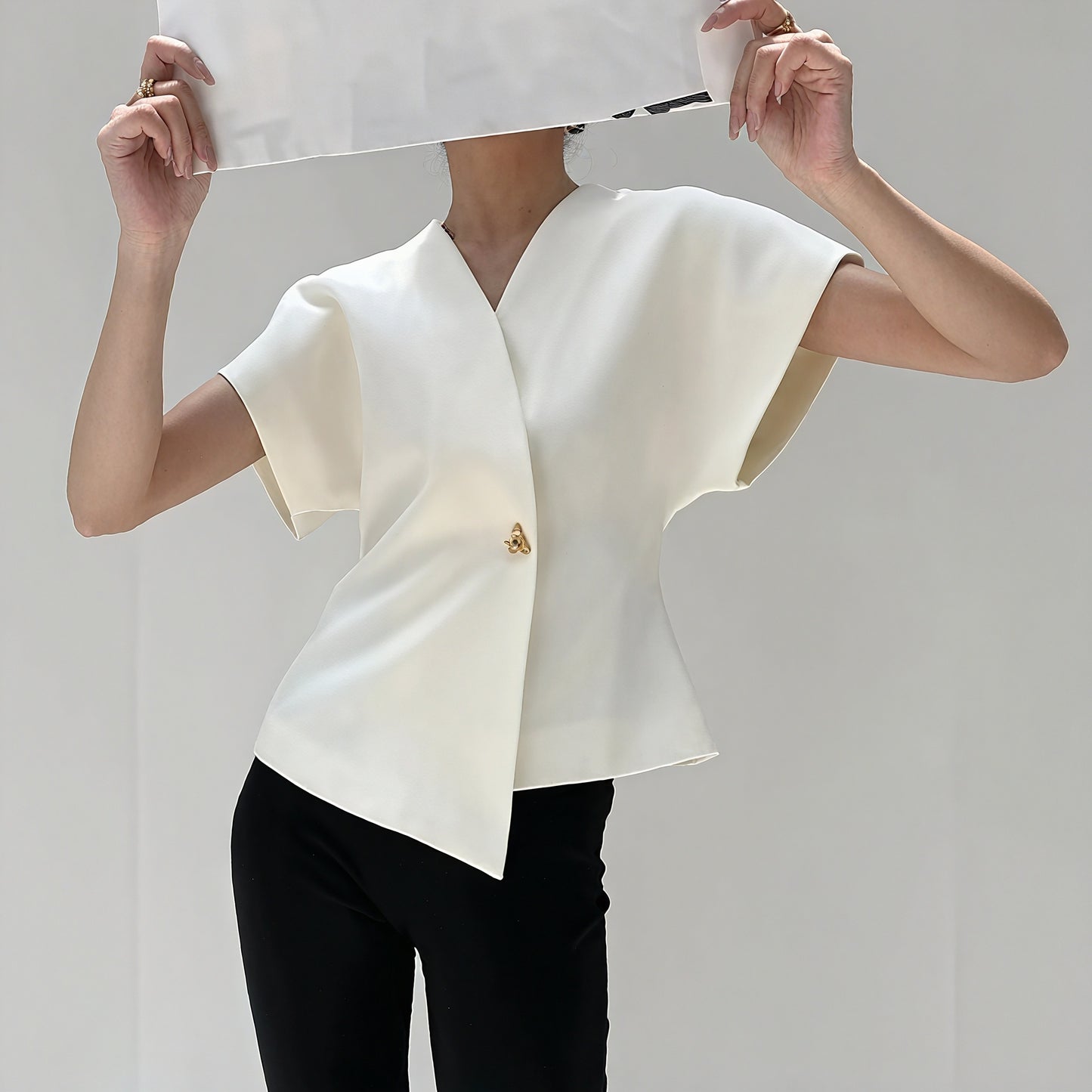 Women's Wrap Top – Gold Clasp, Wide Structured Sleeves, Textured Fabric, Neutral-77230-82cd2395-6f2e-4f91-ba29-d487d38463d6