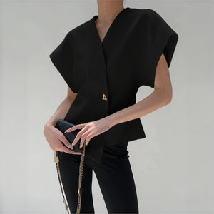 Women's Wrap Top – Gold Clasp, Wide Structured Sleeves, Textured Fabric, Neutral-77230-82edd345-2e17-43da-ba26-cb496f8d466c