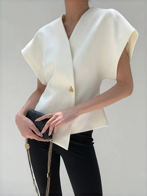 Women's Wrap Top – Gold Clasp, Wide Structured Sleeves, Textured Fabric, Neutral-77230-17d65c31-981f-4ca7-bbdc-5285ac4911b3