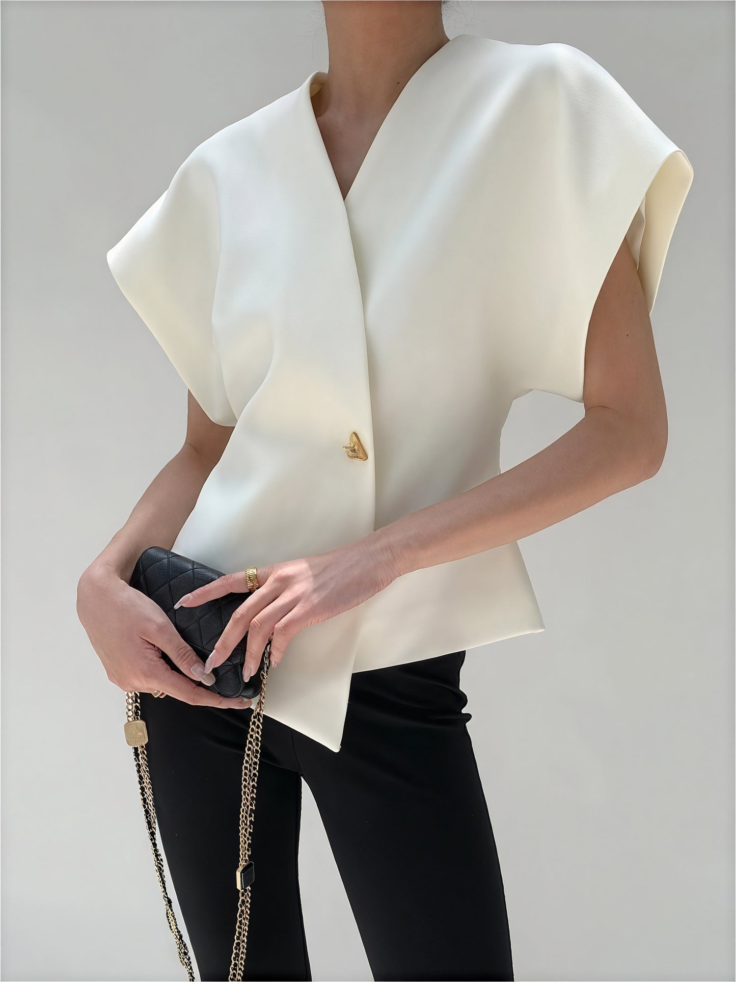 Women's Wrap Top – Gold Clasp, Wide Structured Sleeves, Textured Fabric, Neutral-77230-17d65c31-981f-4ca7-bbdc-5285ac4911b3