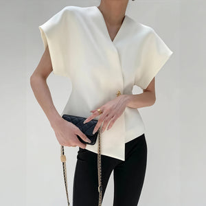 Women's Wrap Top – Gold Clasp, Wide Structured Sleeves, Textured Fabric, Neutral-77230-15e2cb13-6d1e-41db-a943-7ead977ad3f0