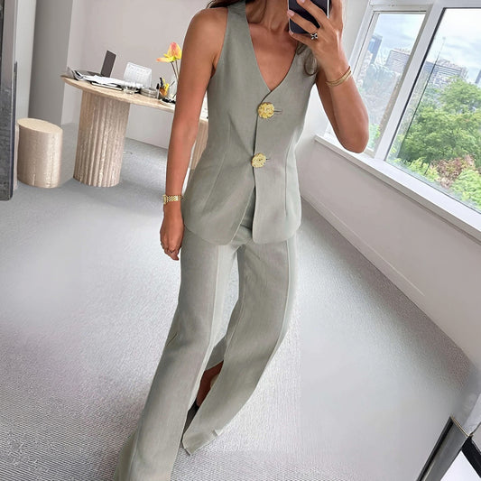 Women's Sage Green Linen Blend Vest & Wide-Leg Trouser Suit, Modern Chic-77232-8f6b38c2-a1fe-4f8e-a47c-6592017a98c5