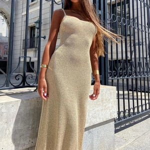 Women's Gold Knitted Maxi Dress – Form-Fitting, Square Neck, Spaghetti Strap, Lightweight-77252-391e3be6-201c-4ac3-8be5-0949b3ad3c84