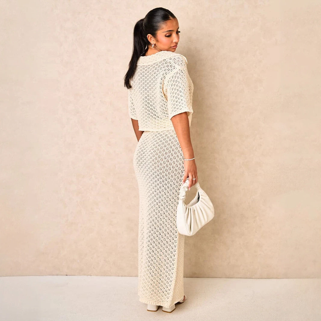 Women's Two-Piece Cropped Top Skirt Set – Open-Knit, High-Waisted, Beige Black White, Bohemian Style-77263-9e6f78a2-40c6-4b8a-b6b9-b5767dbc433e