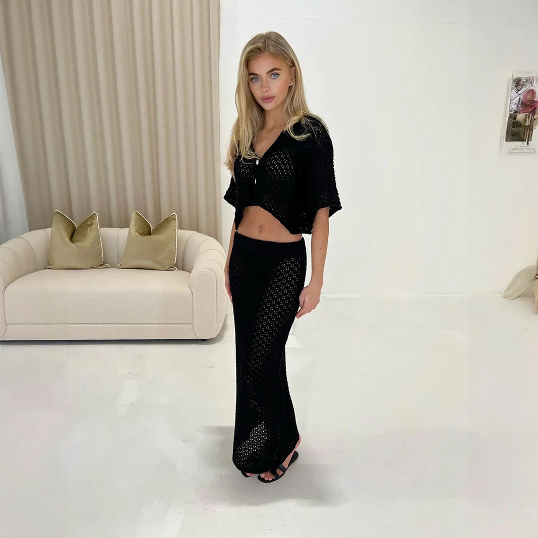 Women's Two-Piece Cropped Top Skirt Set – Open-Knit, High-Waisted, Beige Black White, Bohemian Style-77263-6c56d09e-a41c-4c94-8e55-c94ecae767e6