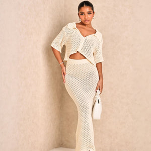 Women's Two-Piece Cropped Top Skirt Set – Open-Knit, High-Waisted, Beige Black White, Bohemian Style-77263-faa1f224-ac1b-429a-93bd-902c0bb743b3