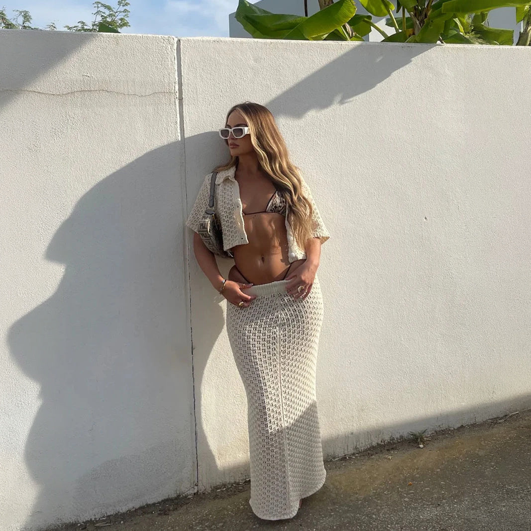 Women's Two-Piece Cropped Top Skirt Set – Open-Knit, High-Waisted, Beige Black White, Bohemian Style-77263-9232c640-1d4f-49da-8c6a-5542211054df